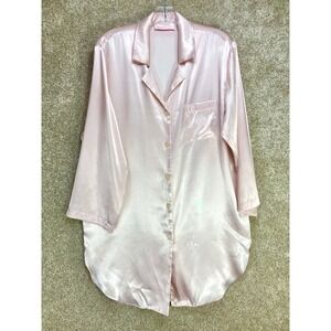 Oscar de la Renta Pink Label Satin Sleep Shirt Women L Pink Button Front Nightie